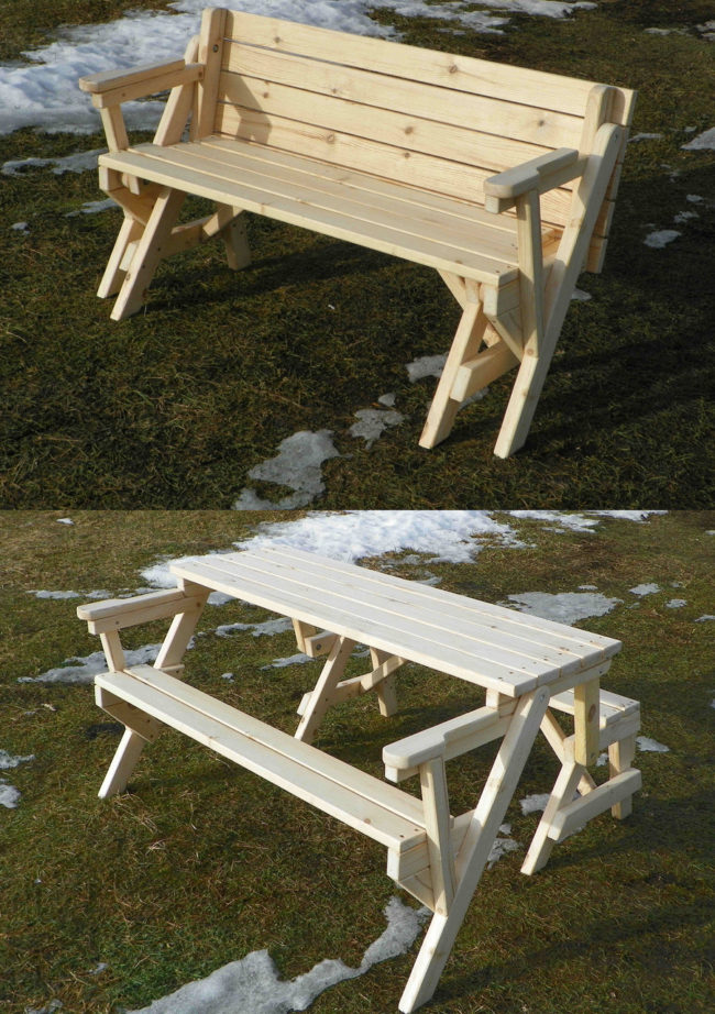 Деревянная скамья-трансформер в собранном и разобранном виде